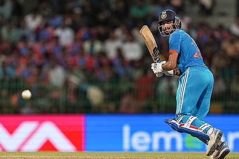 Axar Patel plays a shot against Sri Lanka